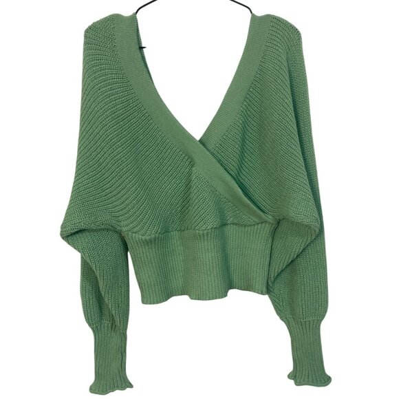 Shein Womens Sage Green Knit V-Neck Wrap Sweater Long Sleeves Size L Comfort Str - Picture 3 of 4